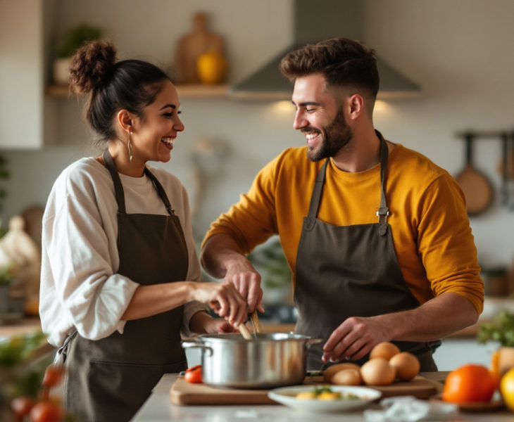 un-groupe-damis-riant-tout-en-cuisinant-ensemble-dans-une-cuisine-chaleureuse-entoures-dingredients-et-dustensiles-creant-une-ambiance-joyeuse-et-conviviale