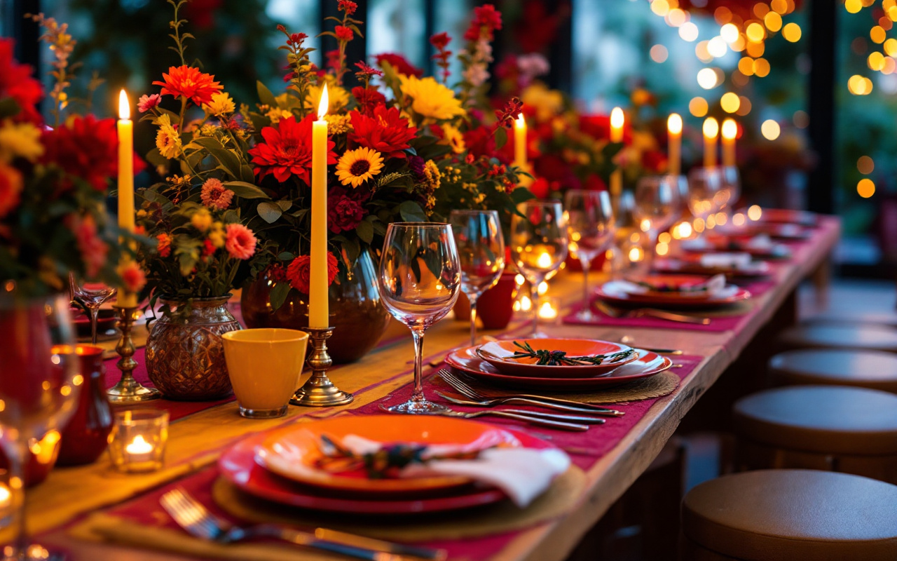 Mise en place colorée pour un dîner festif, avec des assiettes et des couverts vibrants, des compositions florales luxuriantes et un éclairage ambiant chaleureux.