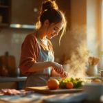 Femme préparant rapidement le dîner dans une cuisine cosy et chaleureuse, lumière dorée traversant la fenêtre, ingrédients sur le plan de travail, ambiance naturelle et détendue.
