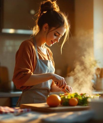 Femme préparant rapidement le dîner dans une cuisine cosy et chaleureuse, lumière dorée traversant la fenêtre, ingrédients sur le plan de travail, ambiance naturelle et détendue.