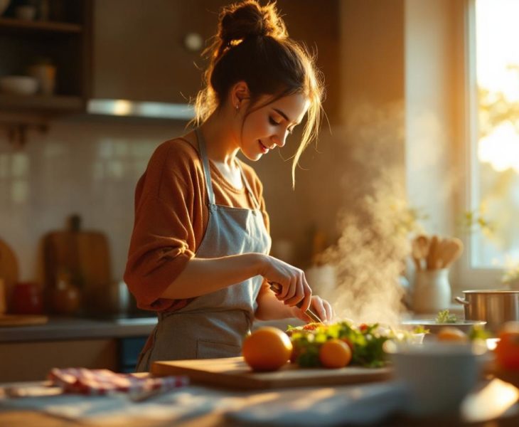 Femme préparant rapidement le dîner dans une cuisine cosy et chaleureuse, lumière dorée traversant la fenêtre, ingrédients sur le plan de travail, ambiance naturelle et détendue.