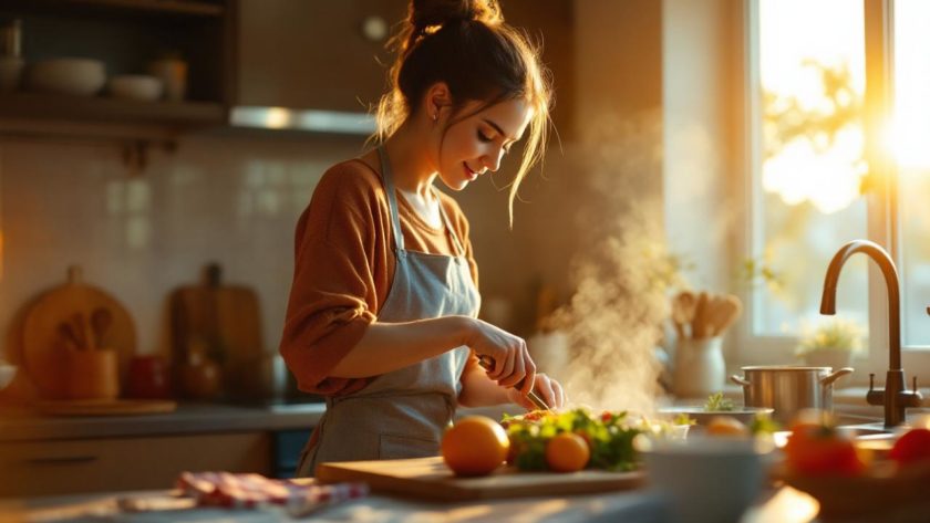 Femme préparant rapidement le dîner dans une cuisine cosy et chaleureuse, lumière dorée traversant la fenêtre, ingrédients sur le plan de travail, ambiance naturelle et détendue.