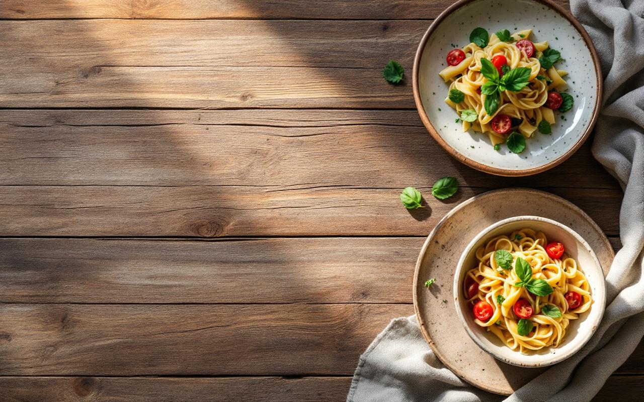 Vue aérienne d'un repas maison simple sur une table en bois : bol de pâtes, petite salade, pain croustillant, assiette en céramique et serviette en lin, éclairage doux aux tons chauds et verts.