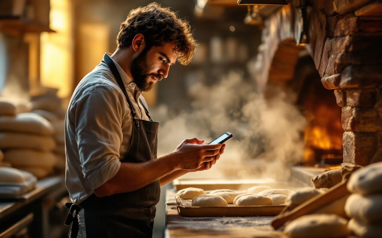 Un artisan boulanger vérifie sur un smartphone une application de gestion dans un fournil, près de sacs de farine et de plateaux de pâte, devant un four en pierre.