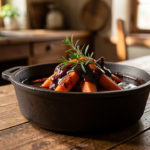 Civet de sanglier servi en cocotte, sauce sombre, carottes et herbes, ambiance de cuisine traditionnelle française.