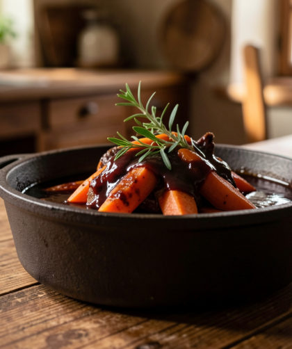 Civet de sanglier servi en cocotte, sauce sombre, carottes et herbes, ambiance de cuisine traditionnelle française.