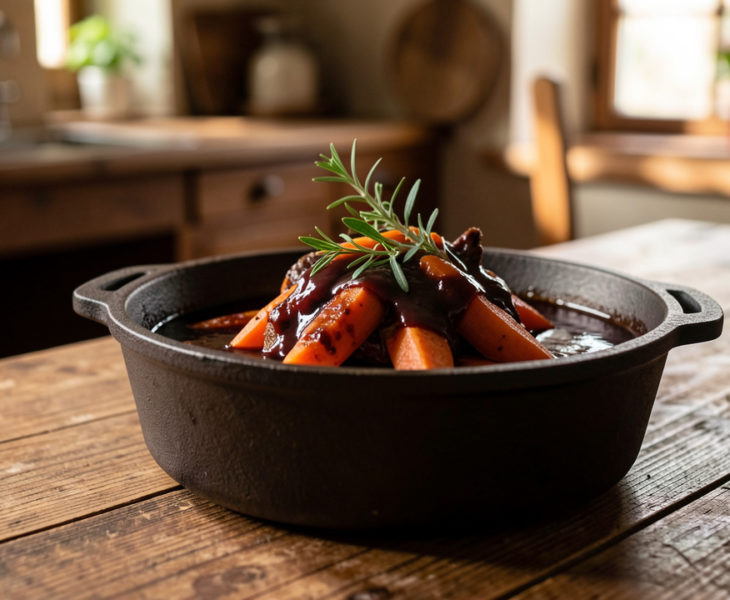 Civet de sanglier servi en cocotte, sauce sombre, carottes et herbes, ambiance de cuisine traditionnelle française.