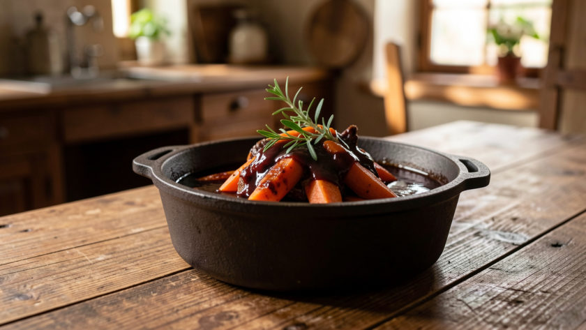Civet de sanglier servi en cocotte, sauce sombre, carottes et herbes, ambiance de cuisine traditionnelle française.