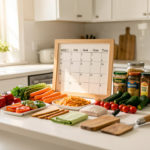 Cuisine familiale lumineuse avec des ingrédients disposés de façon ordonnée sur un plan de travail, sous une lumière naturelle venant de la fenêtre.
