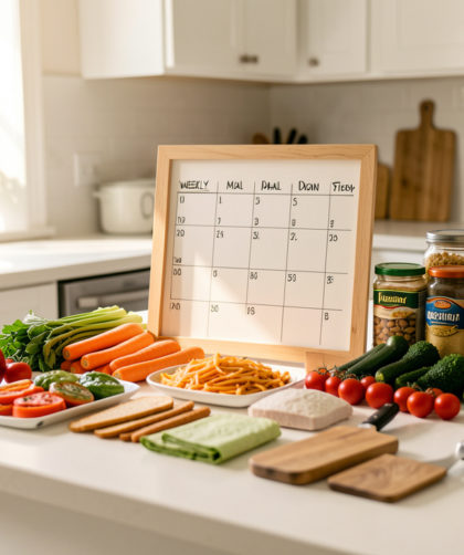 Cuisine familiale lumineuse avec des ingrédients disposés de façon ordonnée sur un plan de travail, sous une lumière naturelle venant de la fenêtre.