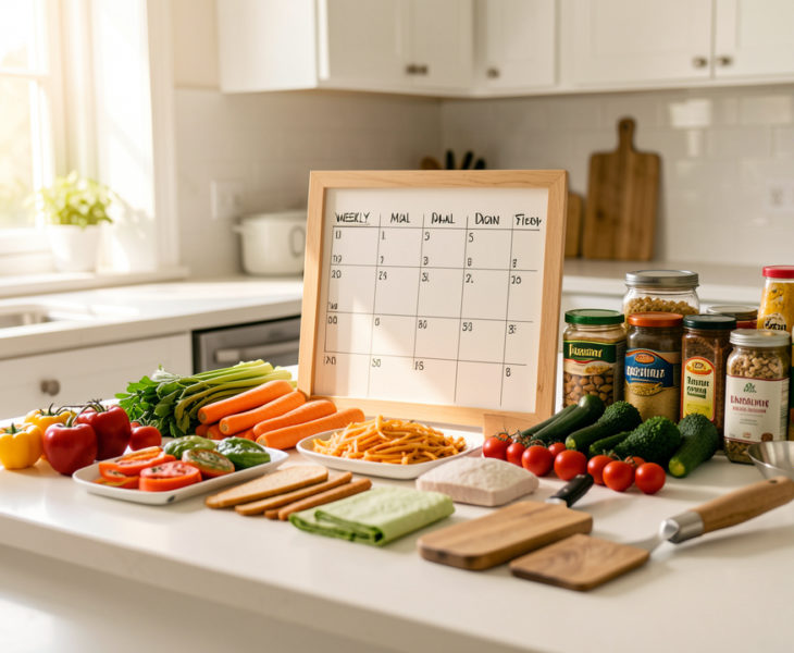 Cuisine familiale lumineuse avec des ingrédients disposés de façon ordonnée sur un plan de travail, sous une lumière naturelle venant de la fenêtre.