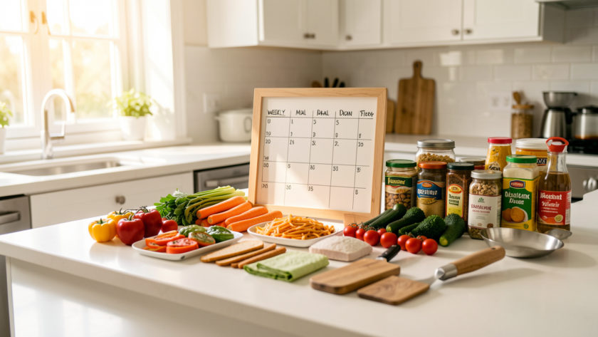 Cuisine familiale lumineuse avec des ingrédients disposés de façon ordonnée sur un plan de travail, sous une lumière naturelle venant de la fenêtre.