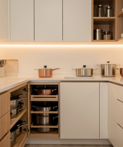 Cuisine moderne fonctionnelle avec plan de travail dégagé, rangements organisés et lumière douce, ambiance élégante et pratique.