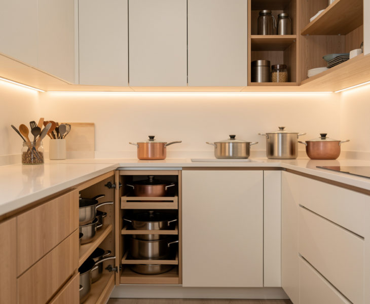 Cuisine moderne fonctionnelle avec plan de travail dégagé, rangements organisés et lumière douce, ambiance élégante et pratique.