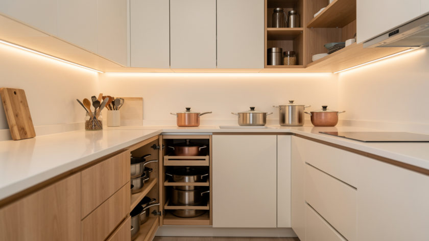 Cuisine moderne fonctionnelle avec plan de travail dégagé, rangements organisés et lumière douce, ambiance élégante et pratique.
