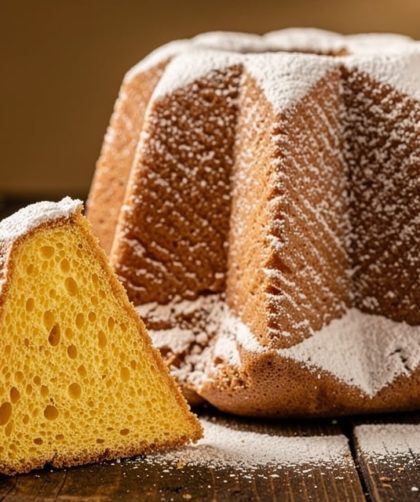 Pandoro traditionnel en forme d'étoile à huit branches saupoudré de sucre glace sur une table en bois rustique