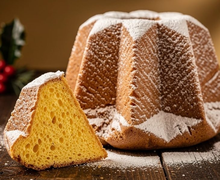 Pandoro traditionnel en forme d'étoile à huit branches saupoudré de sucre glace sur une table en bois rustique