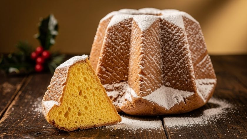 Pandoro traditionnel en forme d'étoile à huit branches saupoudré de sucre glace sur une table en bois rustique