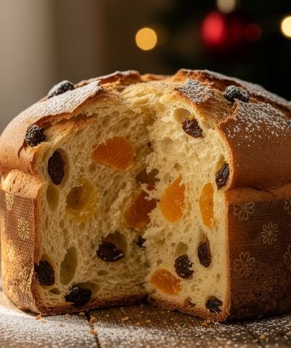 Panettone italien traditionnel pose sur une table en bois lors des fetes de Noel