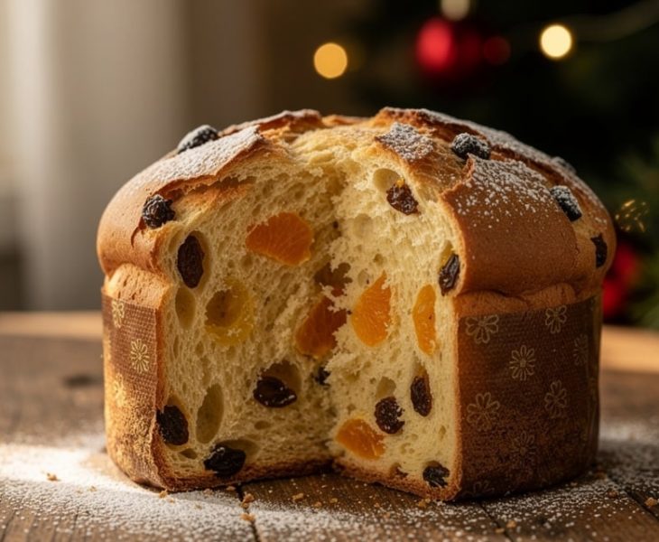 Panettone italien traditionnel pose sur une table en bois lors des fetes de Noel