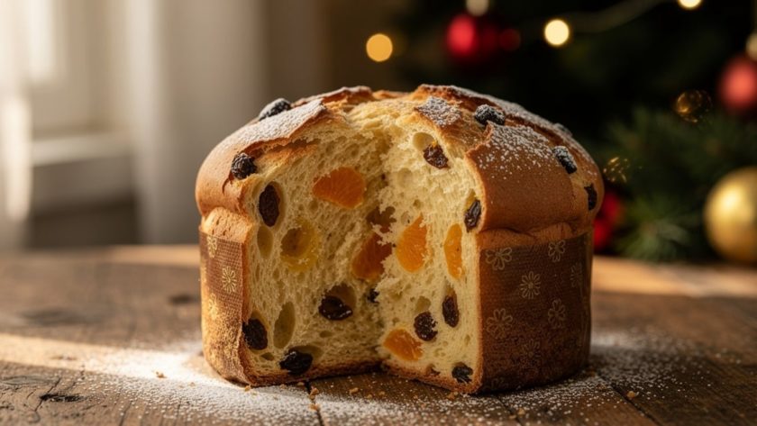 Panettone italien traditionnel pose sur une table en bois lors des fetes de Noel
