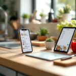 Plan de travail de cuisine moderne avec smartphone montrant une interface de recettes, tablette avec étapes de préparation et liste de courses numérique.