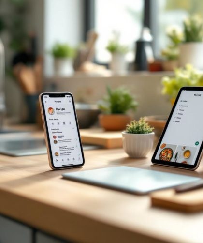 Plan de travail de cuisine moderne avec smartphone montrant une interface de recettes, tablette avec étapes de préparation et liste de courses numérique.