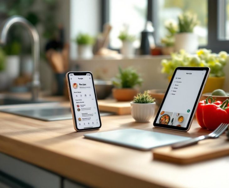 Plan de travail de cuisine moderne avec smartphone montrant une interface de recettes, tablette avec étapes de préparation et liste de courses numérique.