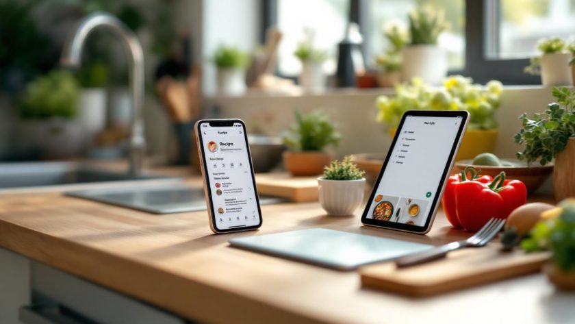 Plan de travail de cuisine moderne avec smartphone montrant une interface de recettes, tablette avec étapes de préparation et liste de courses numérique.