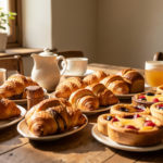Assortiment de viennoiseries françaises artisanales dorées disposées sur une table de petit-déjeuner baignée de lumière naturelle.