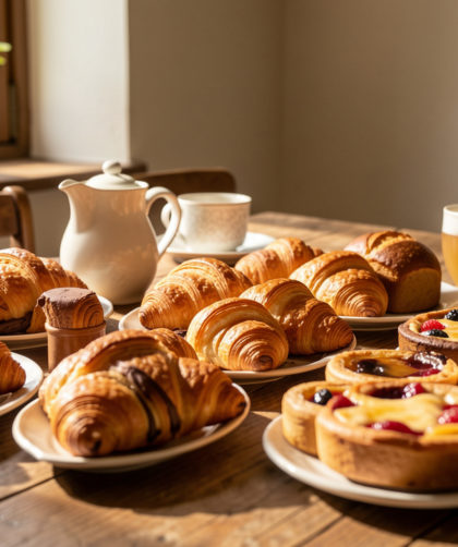 Assortiment de viennoiseries françaises artisanales dorées disposées sur une table de petit-déjeuner baignée de lumière naturelle.