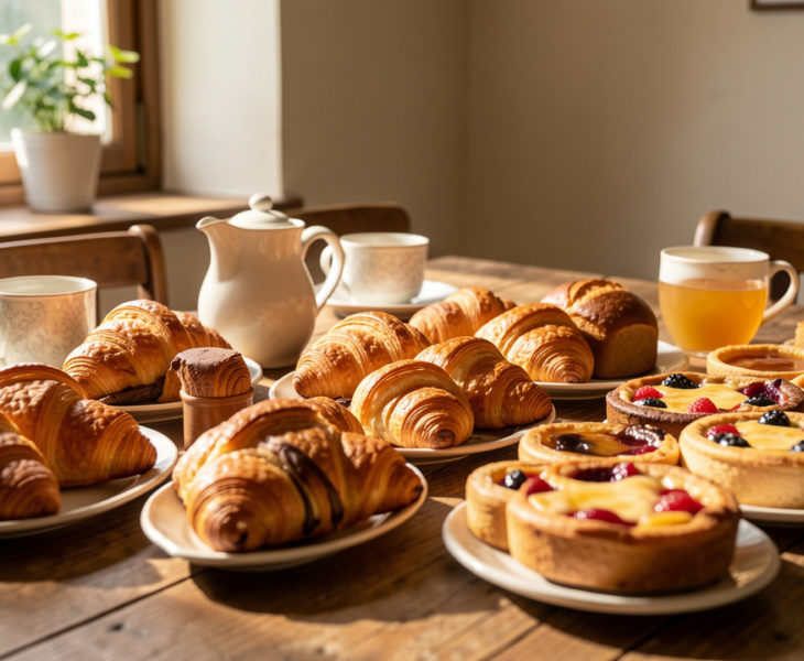 Assortiment de viennoiseries françaises artisanales dorées disposées sur une table de petit-déjeuner baignée de lumière naturelle.