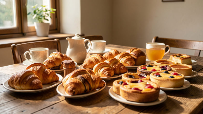 Assortiment de viennoiseries françaises artisanales dorées disposées sur une table de petit-déjeuner baignée de lumière naturelle.