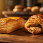 Deux viennoiseries dorées au chocolat, aux feuilletages visibles, posées côte à côte sur une table en bois dans une lumière matinale chaleureuse.