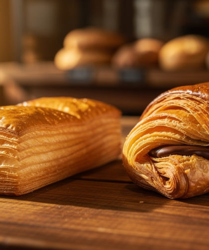 Deux viennoiseries dorées au chocolat, aux feuilletages visibles, posées côte à côte sur une table en bois dans une lumière matinale chaleureuse.