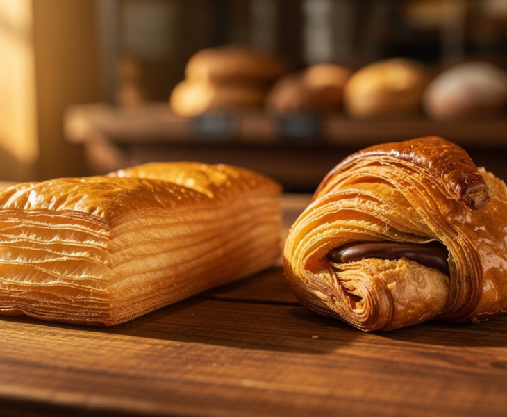 Deux viennoiseries dorées au chocolat, aux feuilletages visibles, posées côte à côte sur une table en bois dans une lumière matinale chaleureuse.