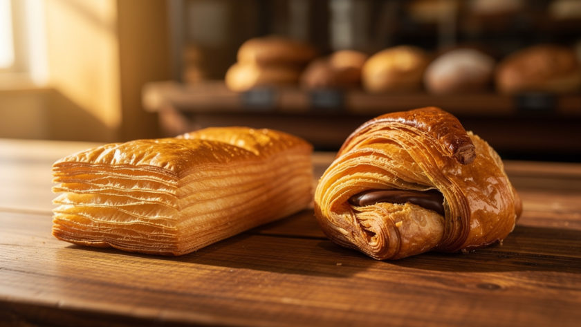 Deux viennoiseries dorées au chocolat, aux feuilletages visibles, posées côte à côte sur une table en bois dans une lumière matinale chaleureuse.