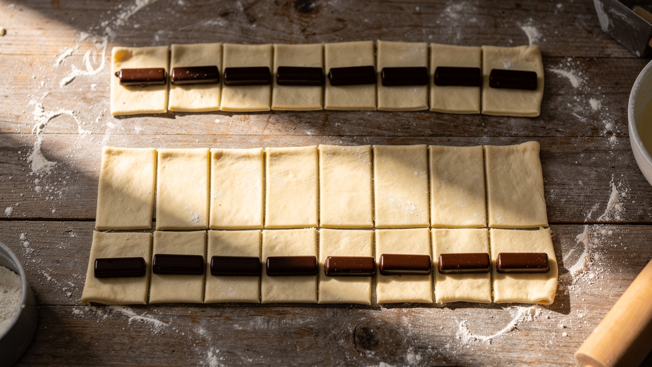 Préparation de viennoiseries au chocolat avec pâte levée feuilletée laminée, deux bâtons de chocolat et rectangles de pâte sur un plan de travail fariné.