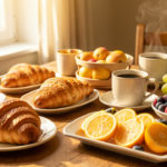 Table de petit-déjeuner française avec des viennoiseries dorées, du café, des fruits frais et une douce lumière naturelle du matin.