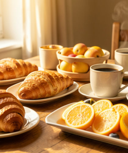 Table de petit-déjeuner française avec des viennoiseries dorées, du café, des fruits frais et une douce lumière naturelle du matin.