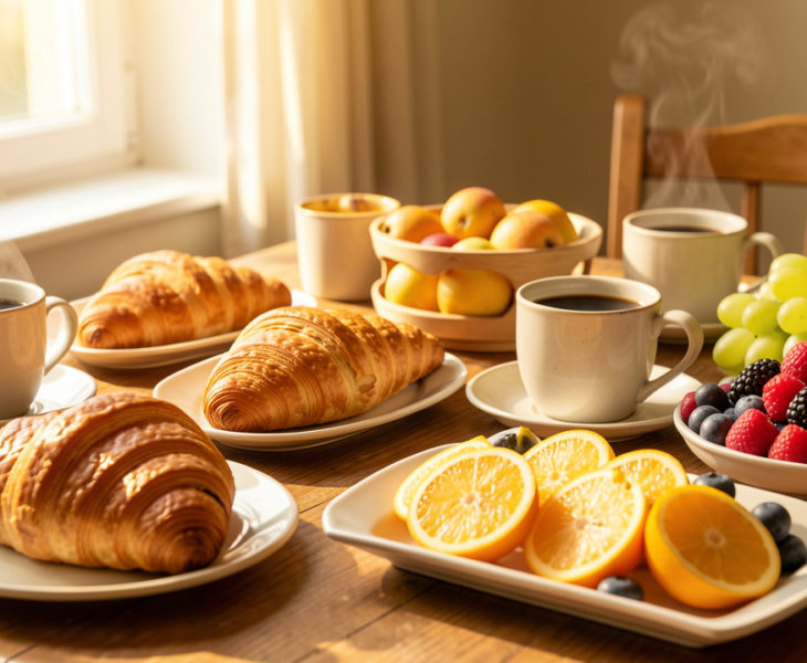 Table de petit-déjeuner française avec des viennoiseries dorées, du café, des fruits frais et une douce lumière naturelle du matin.