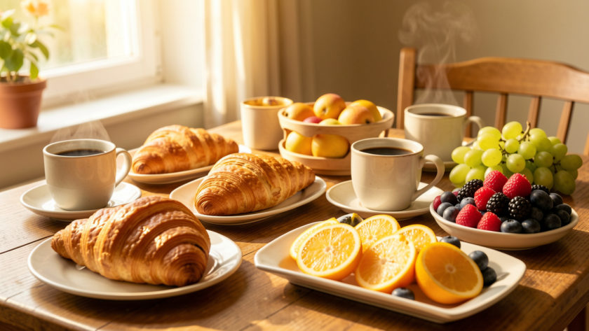 Table de petit-déjeuner française avec des viennoiseries dorées, du café, des fruits frais et une douce lumière naturelle du matin.