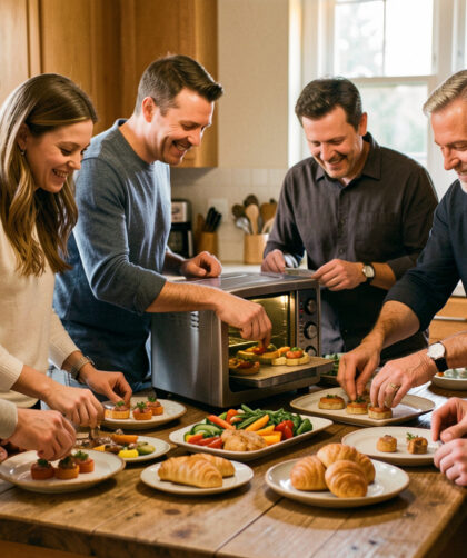 Six amis, trois femmes et trois hommes, préparent ensemble un apéritif dînatoire autour d’un petit four dans une cuisine chaleureuse.