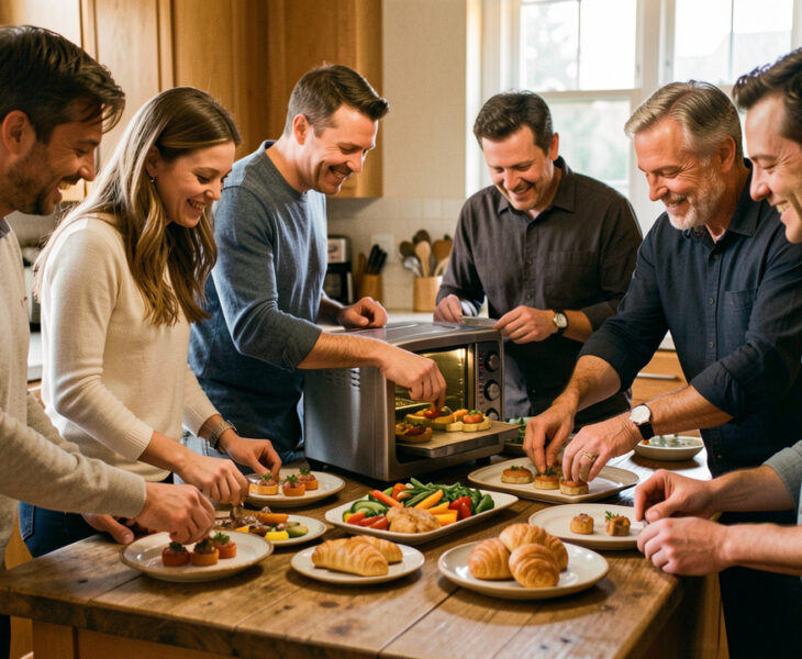Six amis, trois femmes et trois hommes, préparent ensemble un apéritif dînatoire autour d’un petit four dans une cuisine chaleureuse.