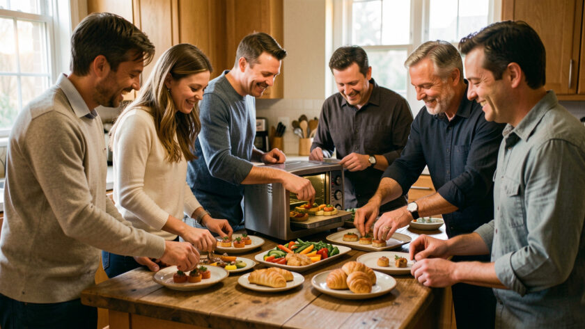 Six amis, trois femmes et trois hommes, préparent ensemble un apéritif dînatoire autour d’un petit four dans une cuisine chaleureuse.