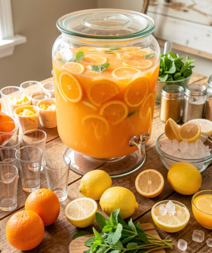 Grand distributeur rempli de punch aux agrumes entouré de verres, de fruits frais, de menthe et de glaçons sur une table de buffet.