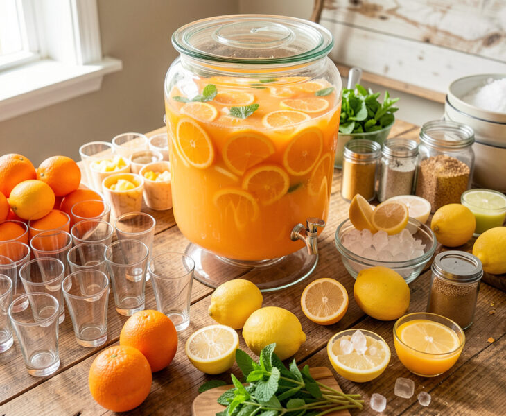 Grand distributeur rempli de punch aux agrumes entouré de verres, de fruits frais, de menthe et de glaçons sur une table de buffet.