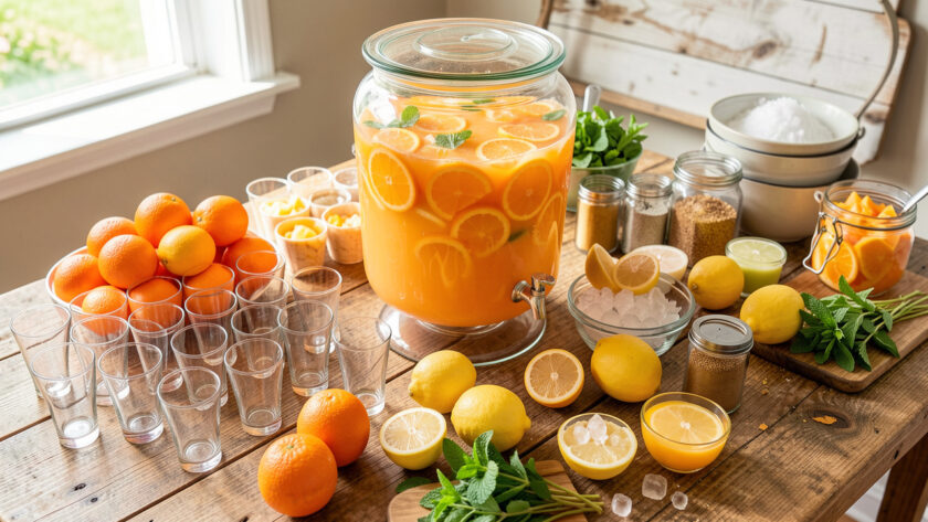Grand distributeur rempli de punch aux agrumes entouré de verres, de fruits frais, de menthe et de glaçons sur une table de buffet.