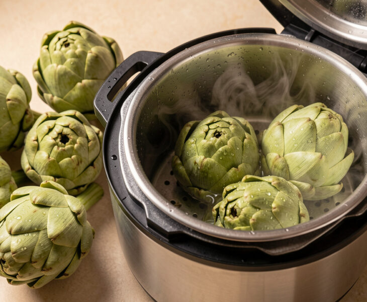 Artichauts de différentes tailles disposés autour d’une cocotte-minute en acier inoxydable, avec de la vapeur visible pendant la cuisson.