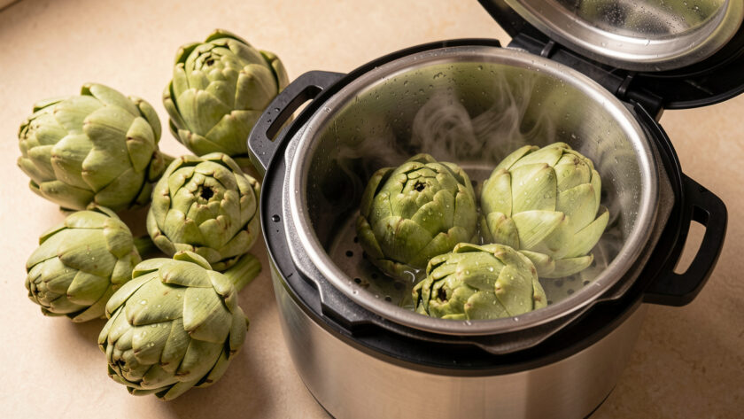 Artichauts de différentes tailles disposés autour d’une cocotte-minute en acier inoxydable, avec de la vapeur visible pendant la cuisson.